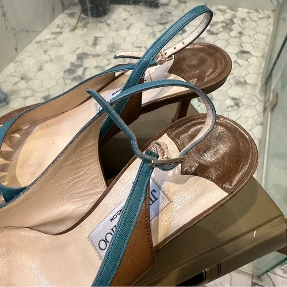 Jimmy Choo | 8 | Slingback Pumps Brown Teal Cutout Leather Pointed Toe 3” Heel - Picture 11 of 16